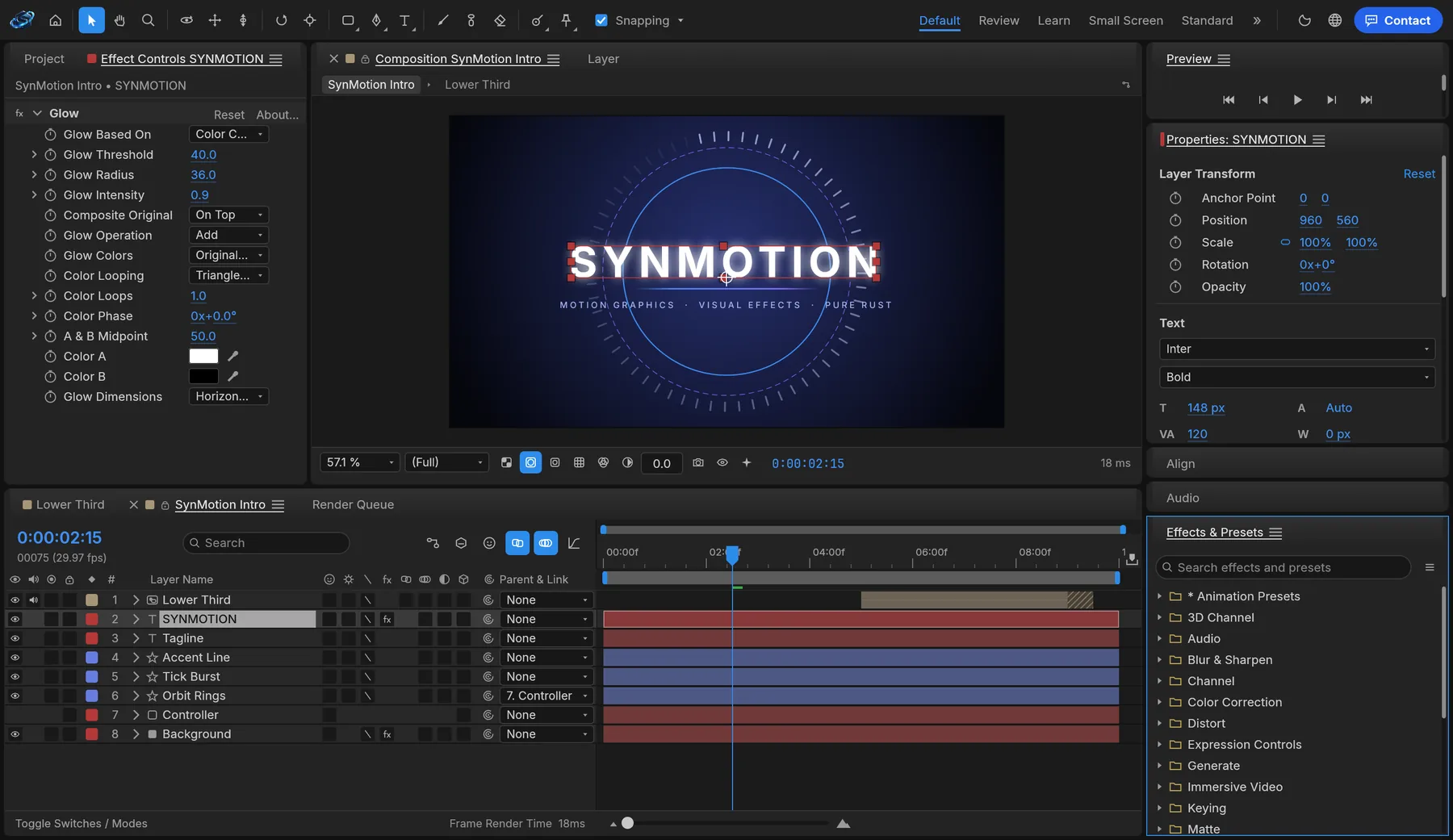SynMotion's Effect Controls and Effects and Presets panels with effects applied to a layer.