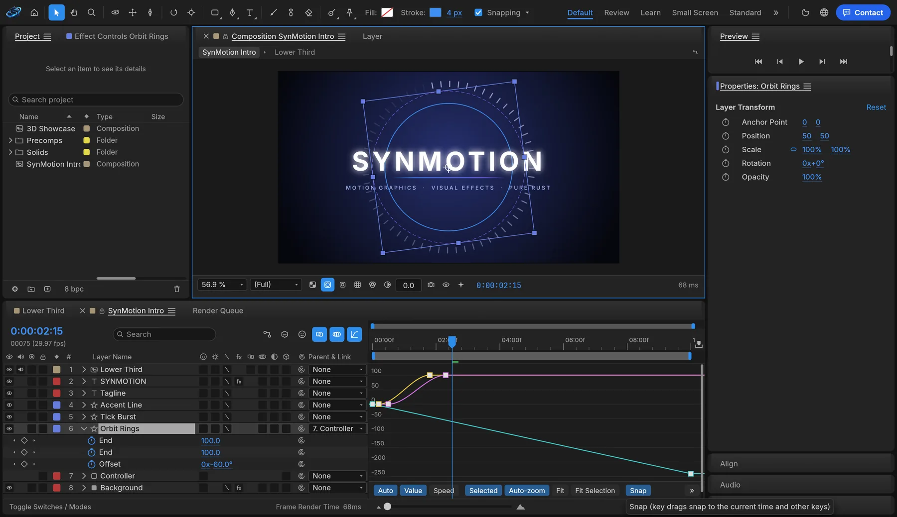 SynMotion's Graph Editor showing the speed curve of an animated property.