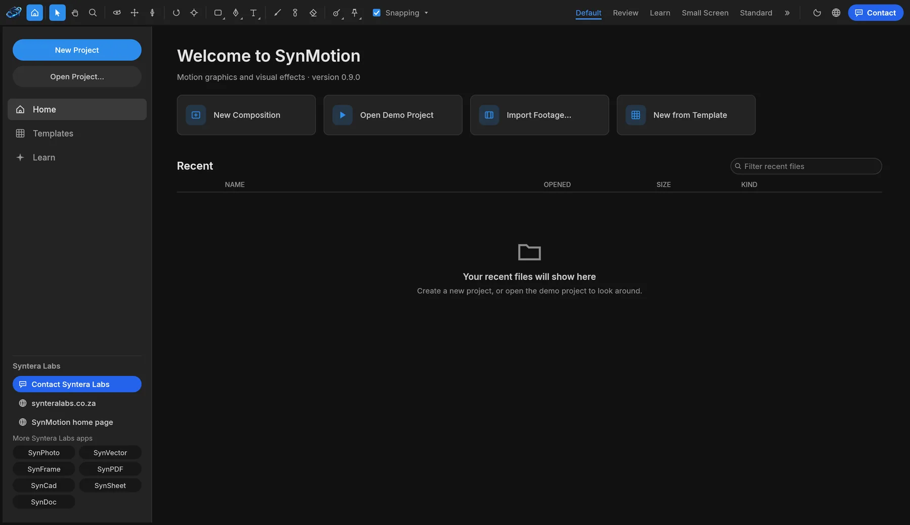 SynMotion's Home screen with new project, templates and the Learn tab.
