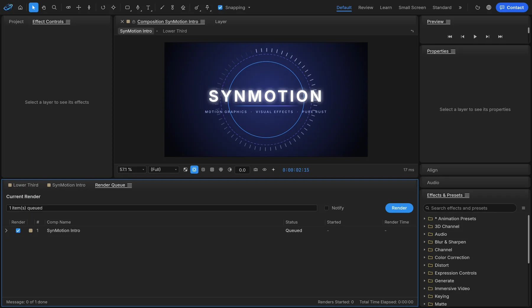 SynMotion's Render Queue with a composition queued for export.