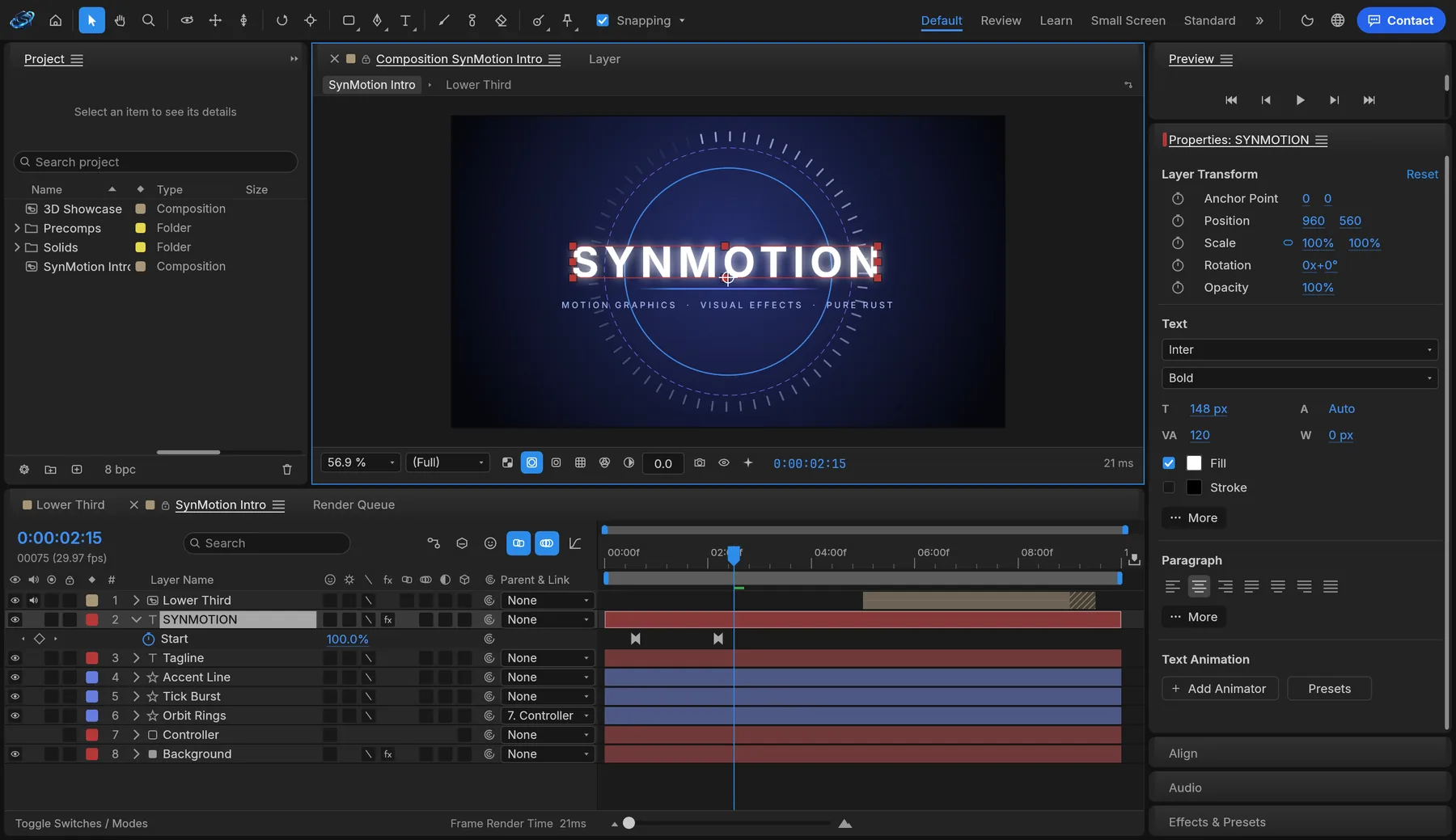 SynMotion's workspace with the demo composition in the viewer and its layers and keyframes in the Timeline.